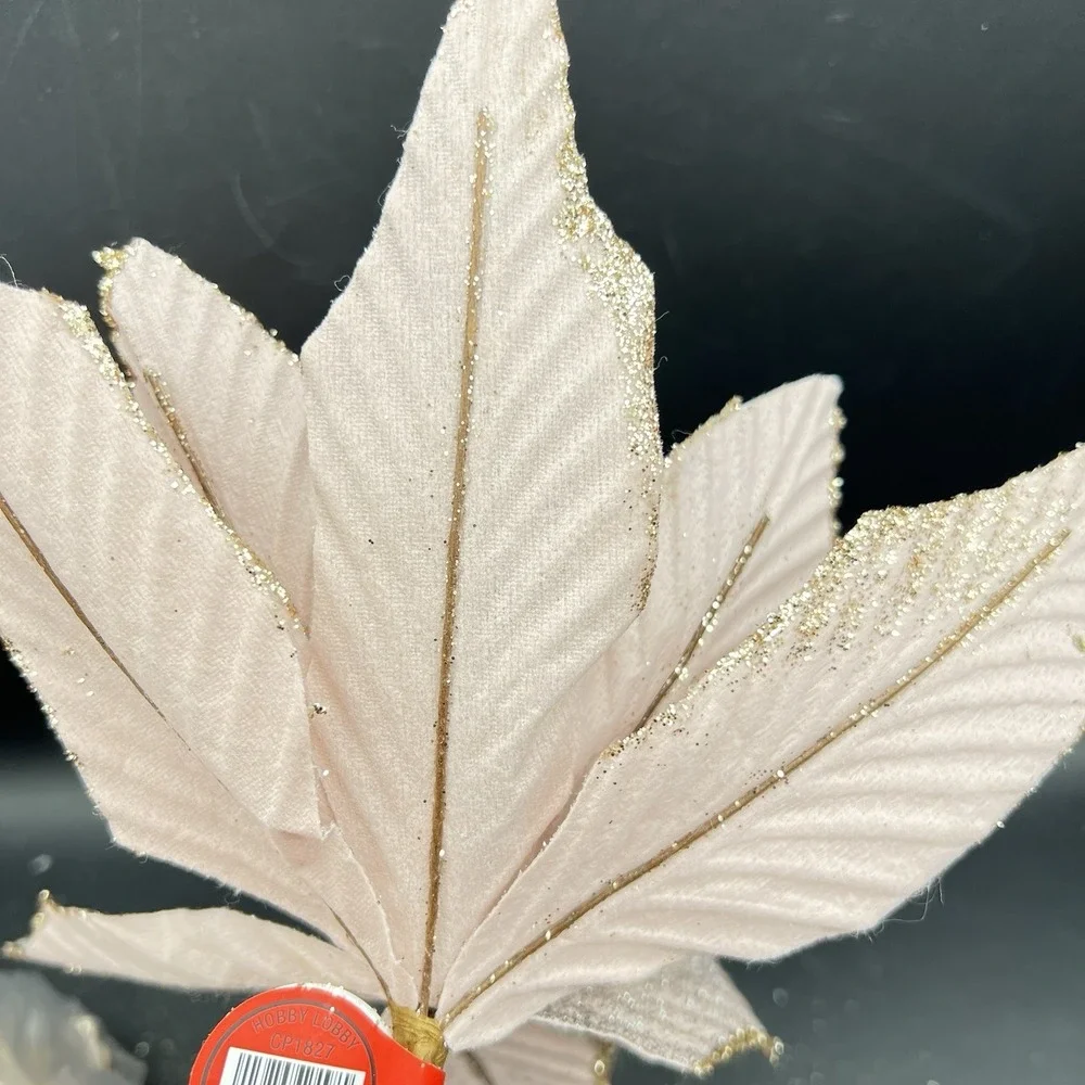 10 CHRISTMAS Poinsettia Rose Gold Glitter Tree Decor Floral‎ Pick Stem Pale Pink